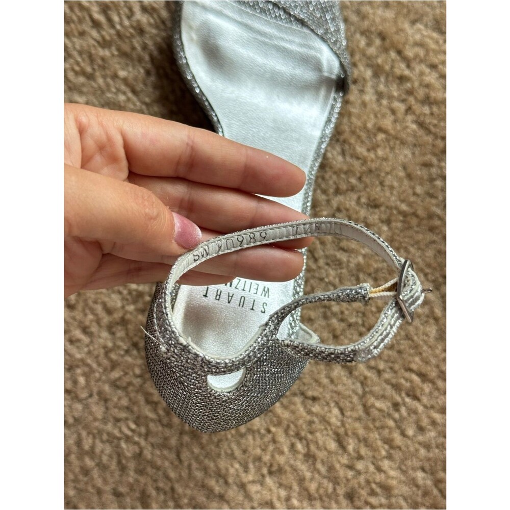 Stuart Weitzman Silver Mini Glitter Nudistsong Ankle Strap Heels 7.5 - Picture 7 of 9